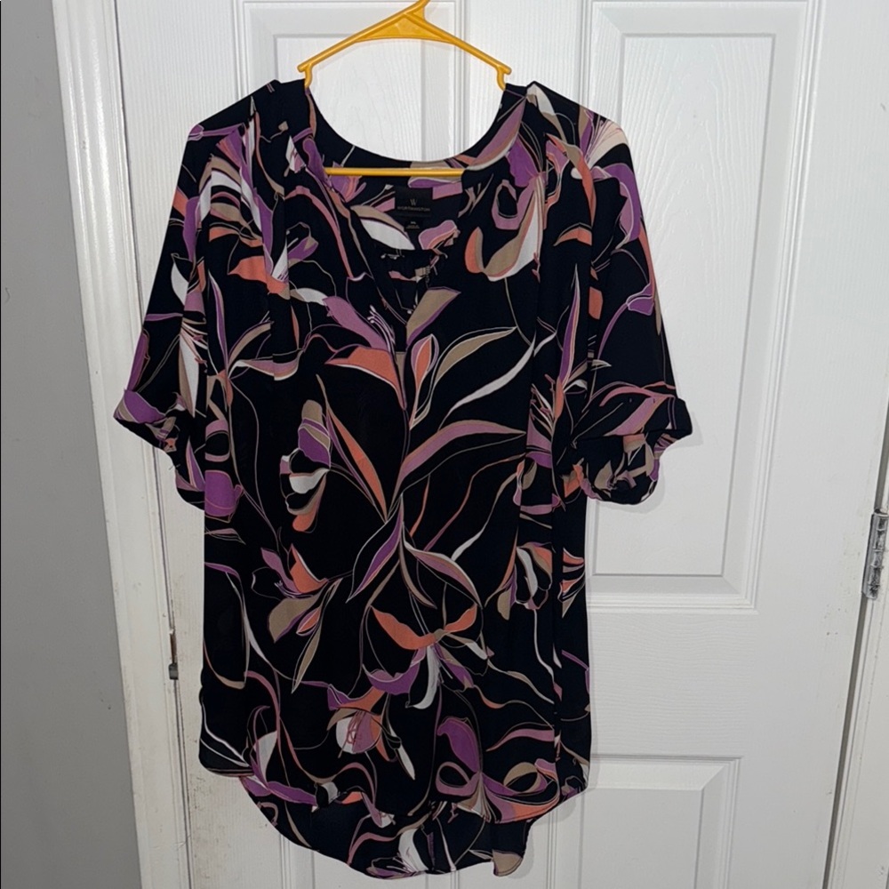 Worthington Blue and Black Flutter Sleeve Blouse
